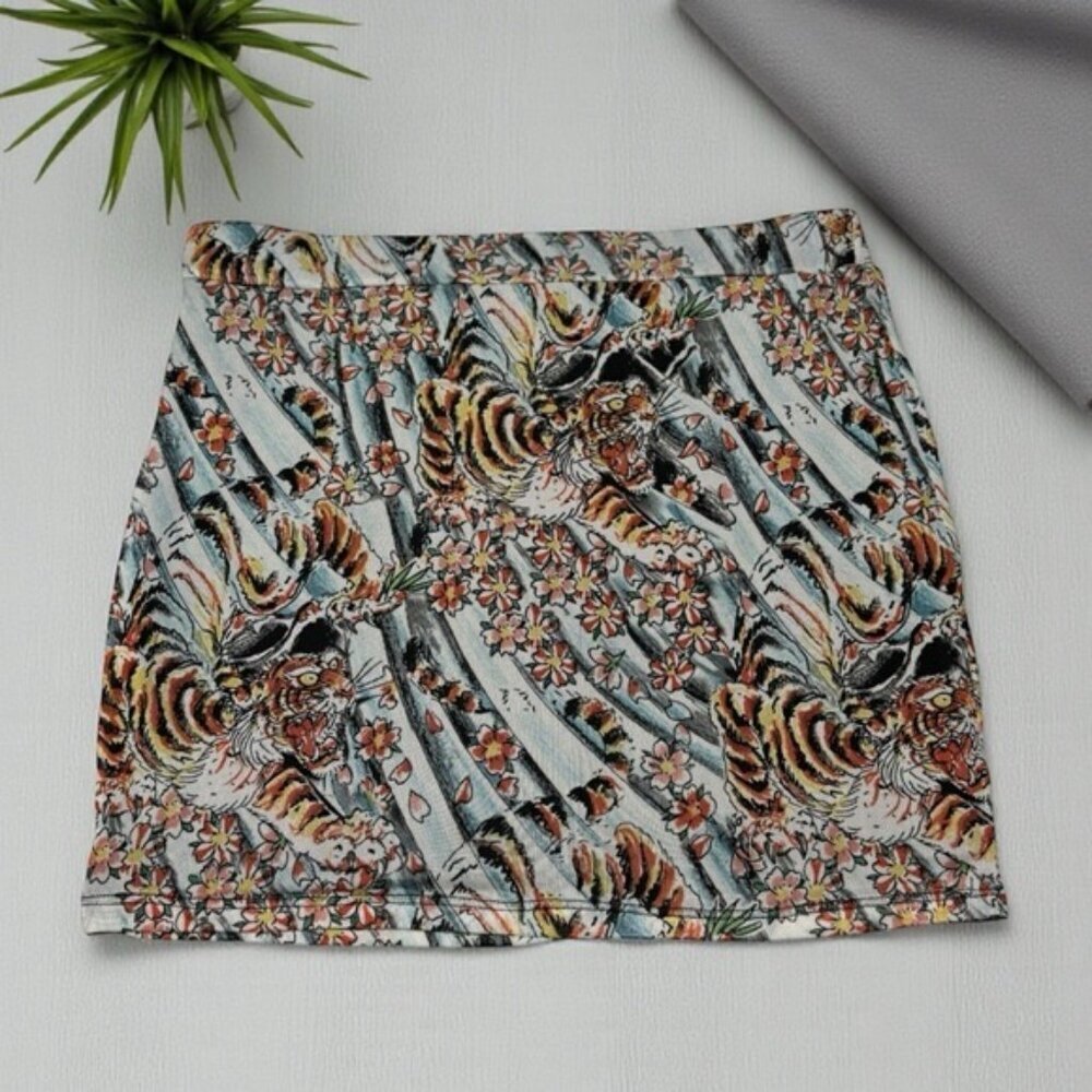 Ed Hardy Tiger Print Mesh Skirt Size L Blue Multi